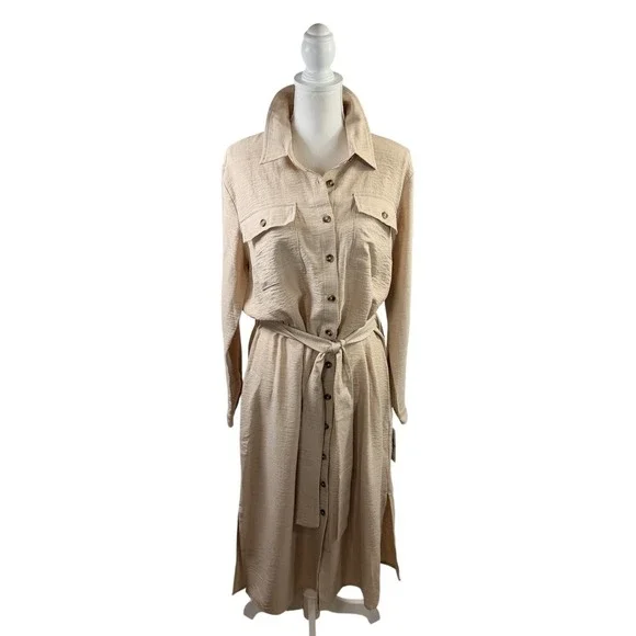 NWT DKNY Collared Button Tan Shirtdress Long sleeve collar -Removable belt Large - Picture 2 of 11